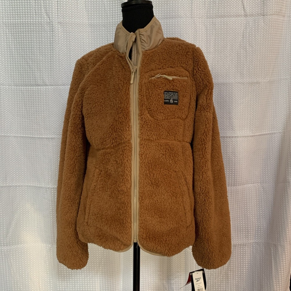 Reebok Womens Faux Fur‎ Jacket medium Brown Khaki Zip Up